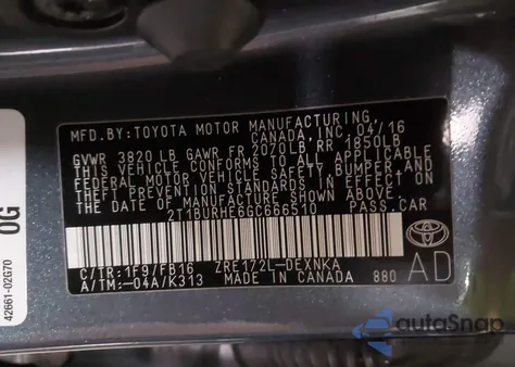 2016 Toyota Corolla Le Plus from USA, damaged, VIN 2T1BURHE6GC666510